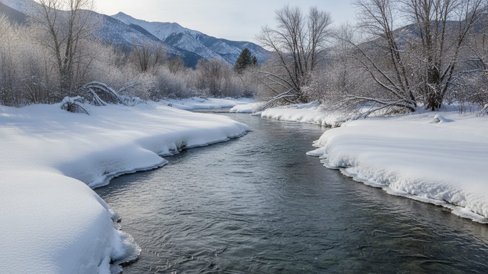A South Platte tailwater in winter with snowy banks