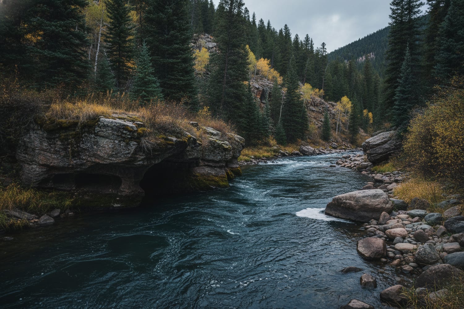 A deep, moody South Platte run with undercut banks — streamer water