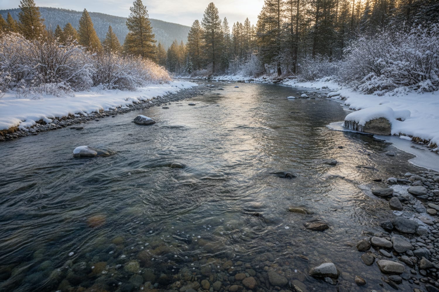 A cold clear South Platte run in winter light — midge water